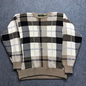 Embassy Row Mens Vintage Plaid Crewneck Sweater 100% Cotton Tan Black Cream M